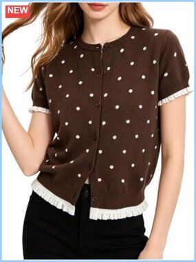 Women's Ribbed Knit Polka Dot Cardigan Short Sleeve Button Down Sweater